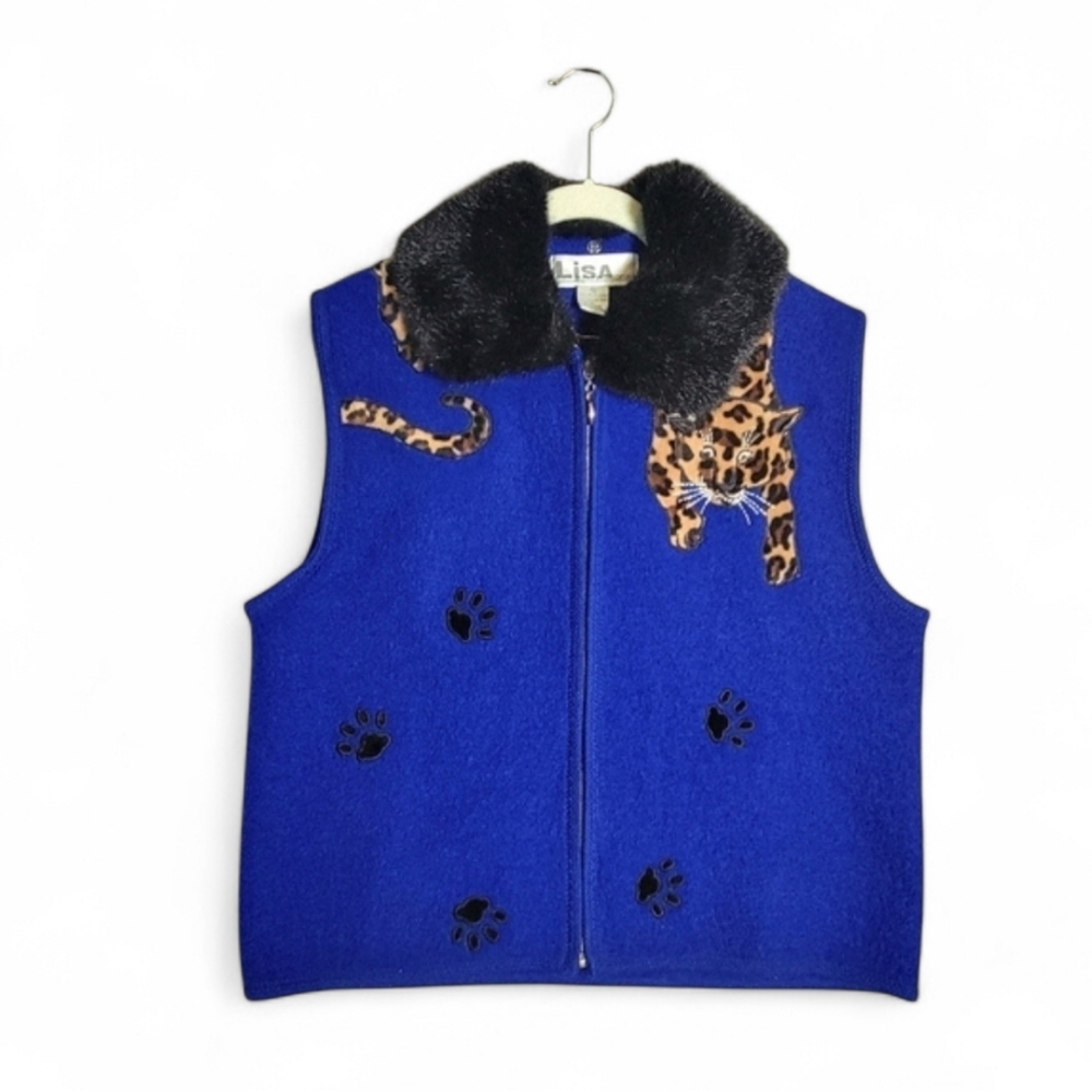 90s Royal Blue Boiled Wool Leopard Appliques Sleeveless Zip Jacket XL